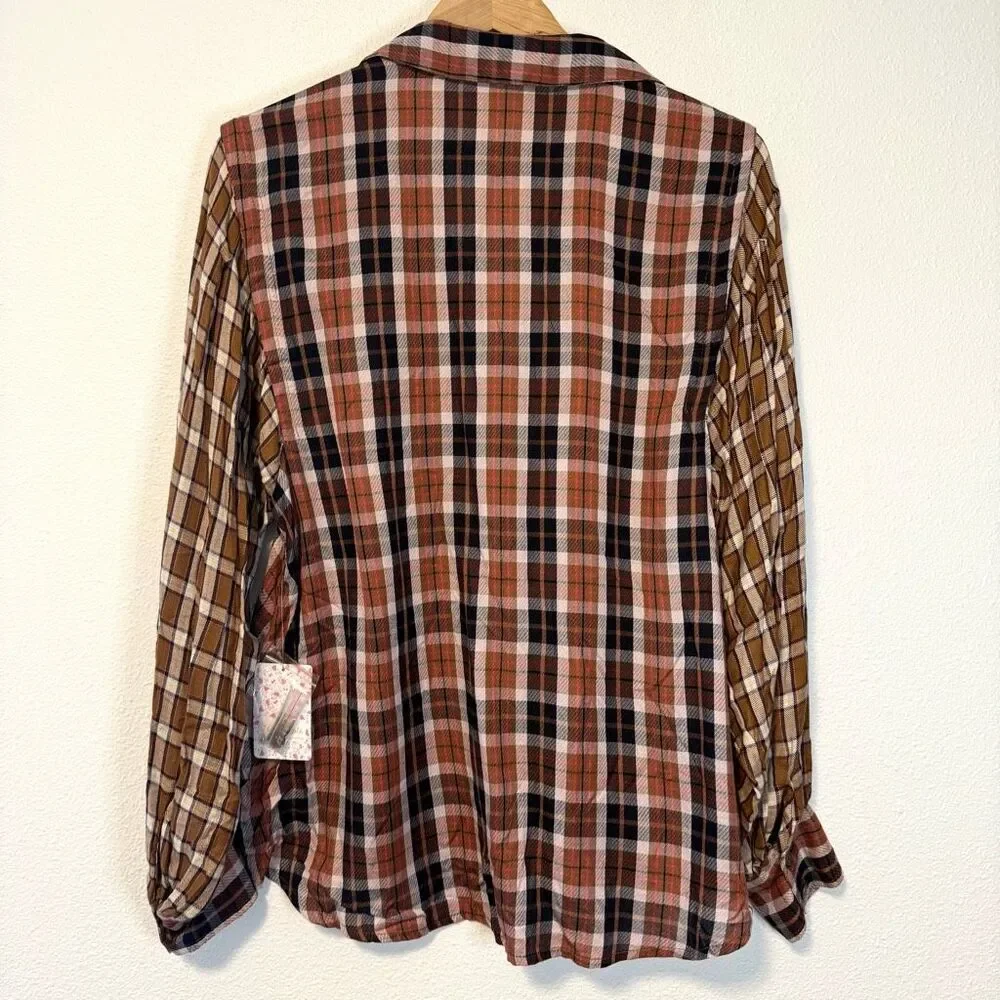 Free People‎ Copper Plaid Long Sleeve Blouse Size Medium NWT